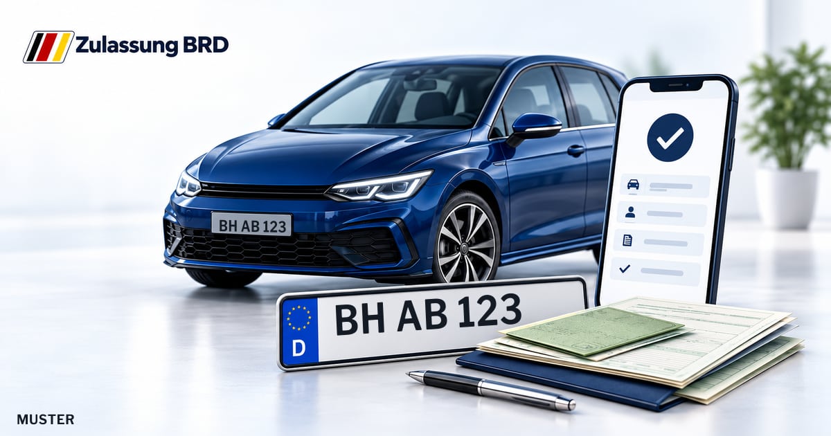 Online Fahrzeugzulassung in Oberkirch: Musterkennzeichen BH AB 123, Auto und Fahrzeugpapiere und Smartphone. Illustration mit Logo von Zulassung BRD.